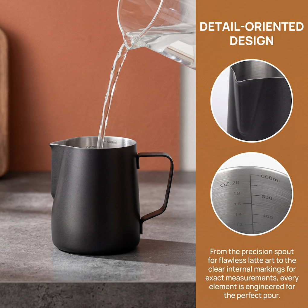 Professional Latte Art Milk Pitcher with internal measurement markings by Culturbo