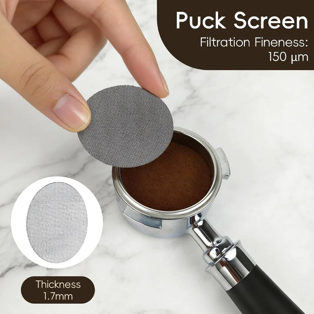 1.7mm thick espresso puck screen with 150 micron filtration fineness.