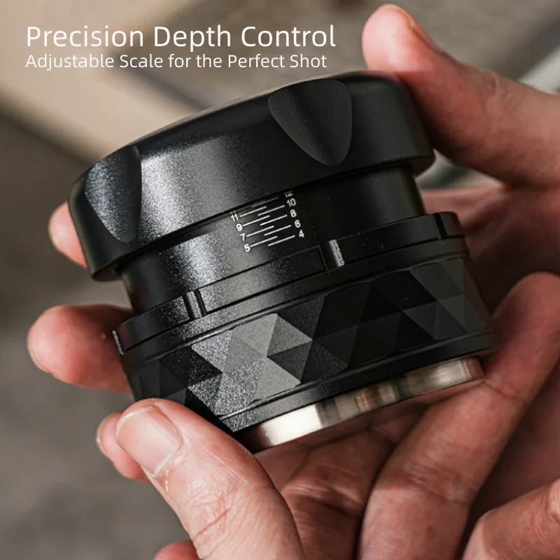 Side view of adjustable depth scale on black coffee tamper.