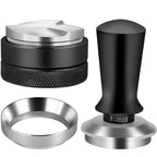3-in-1 espresso puck prep kit including calibrated tamper, distributor, and magnetic funnel.