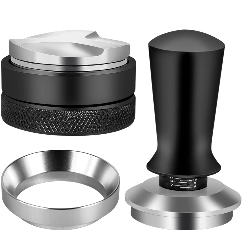 3-in-1 espresso puck prep kit including calibrated tamper, distributor, and magnetic funnel.
