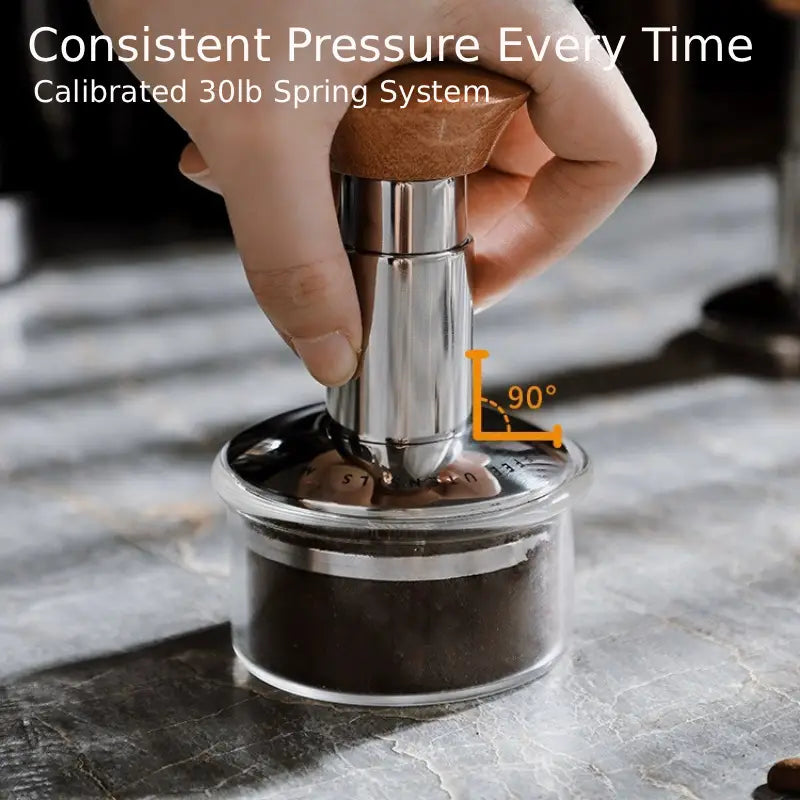 Spring-loaded calibrated espresso tamper with 30lb pressure feedback