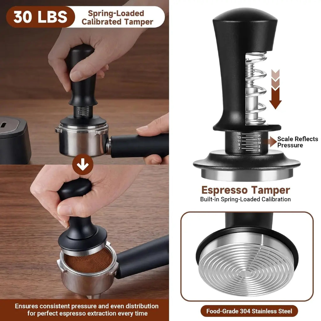 30 lbs spring loaded calibrated espresso tamper for consistent extraction pressure.