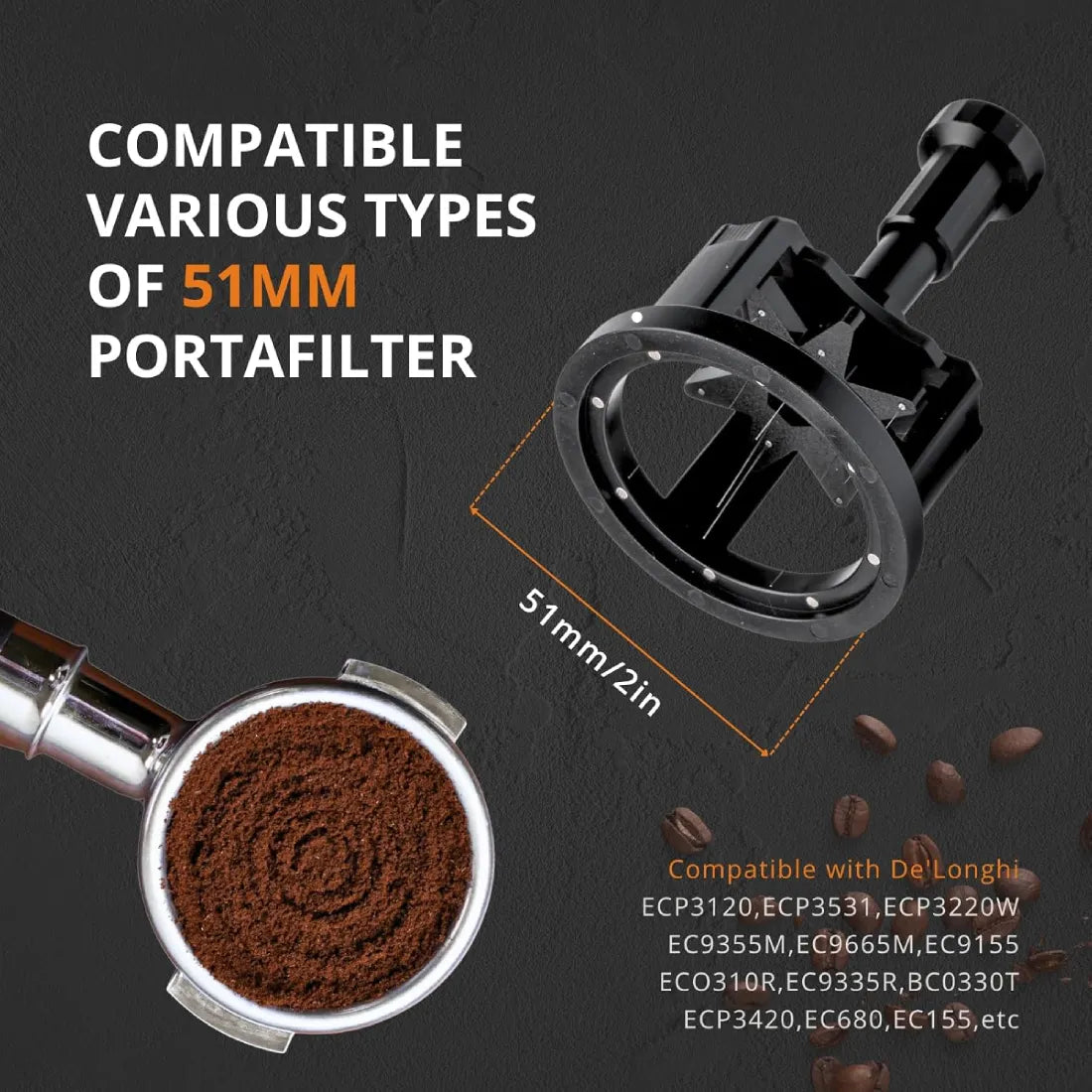 51mm adjustable spin WDT tool compatible with DeLonghi Dedica bottomless espresso portafilter