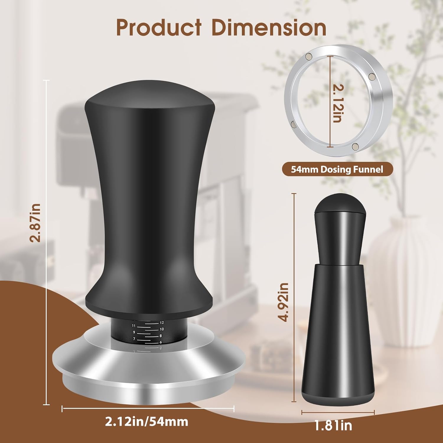 Product dimensions for 54mm Breville compatible espresso tamper and funnel.