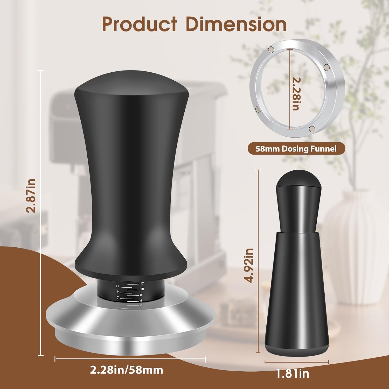Product dimensions for 58mm commercial espresso calibrated tamper and dosing funnel.
