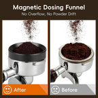Magnetic dosing funnel preventing coffee powder overflow and drift during grinding.