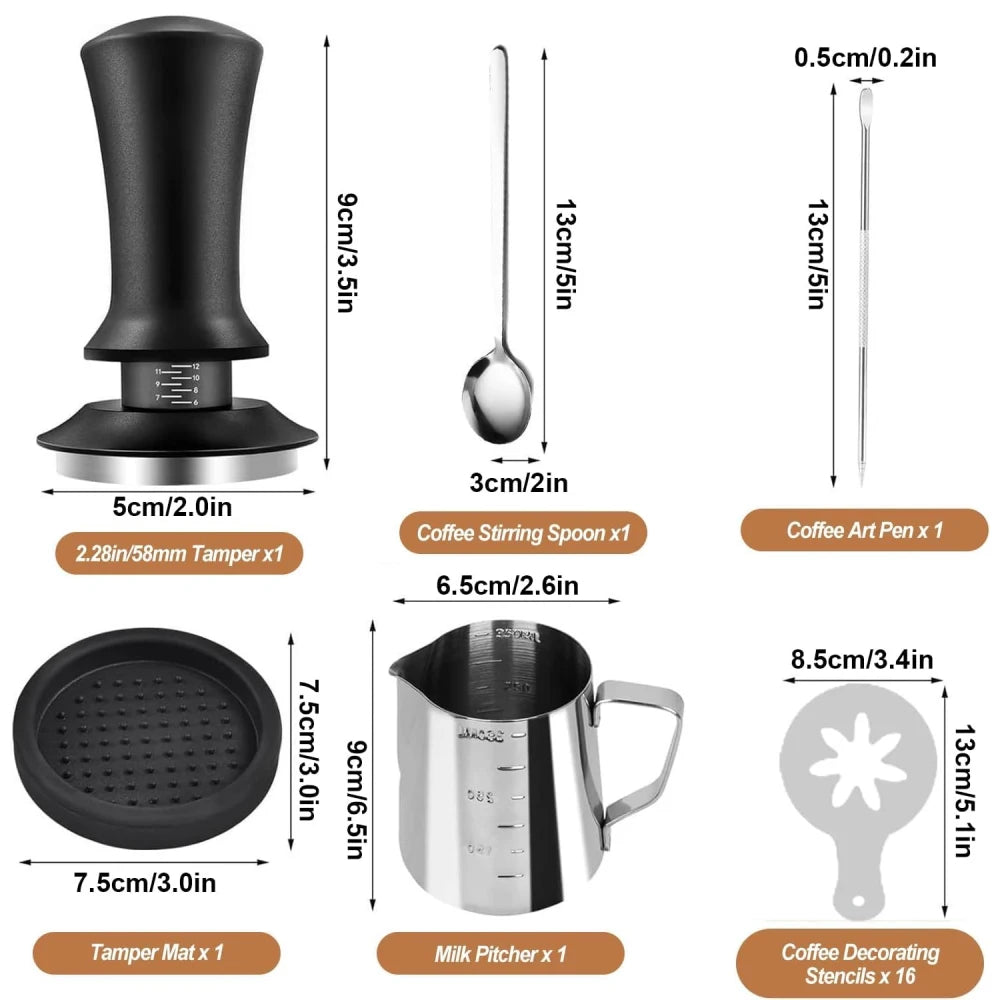Dimensions and contents of the standard 20 piece espresso accessory set.