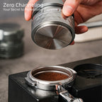 Perfectly tamped coffee puck in a portafilter.