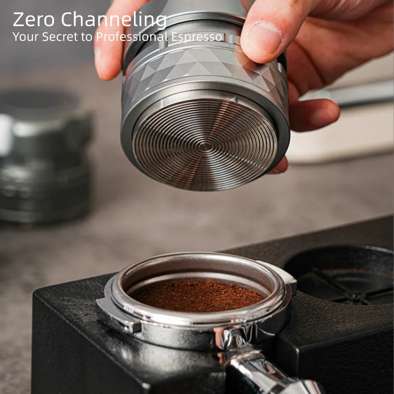 Perfectly tamped coffee puck in a portafilter.