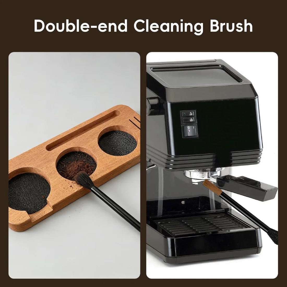 Double end espresso cleaning brush sweeping coffee grounds from wood tamping station.