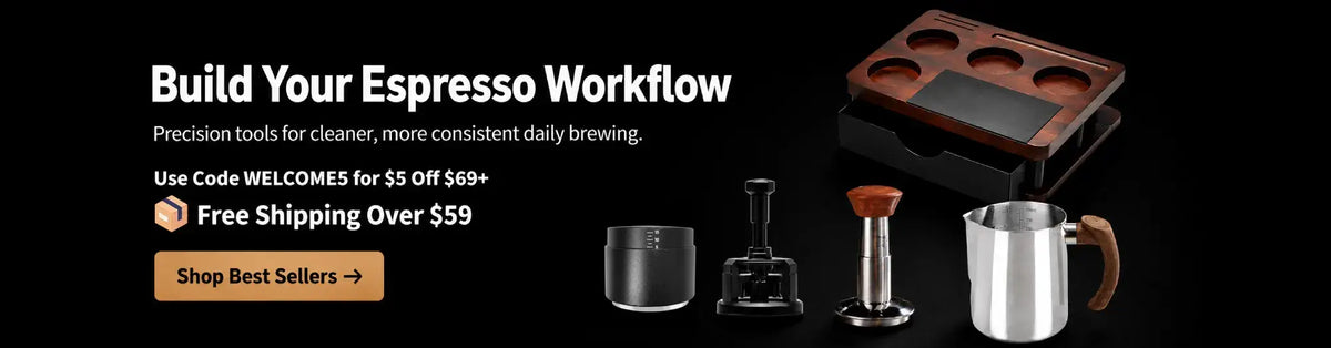 Culturbo espresso workflow tools with tamper, milk pitcher, and coffee station, featuring free shipping over $59 and WELCOME5 offer