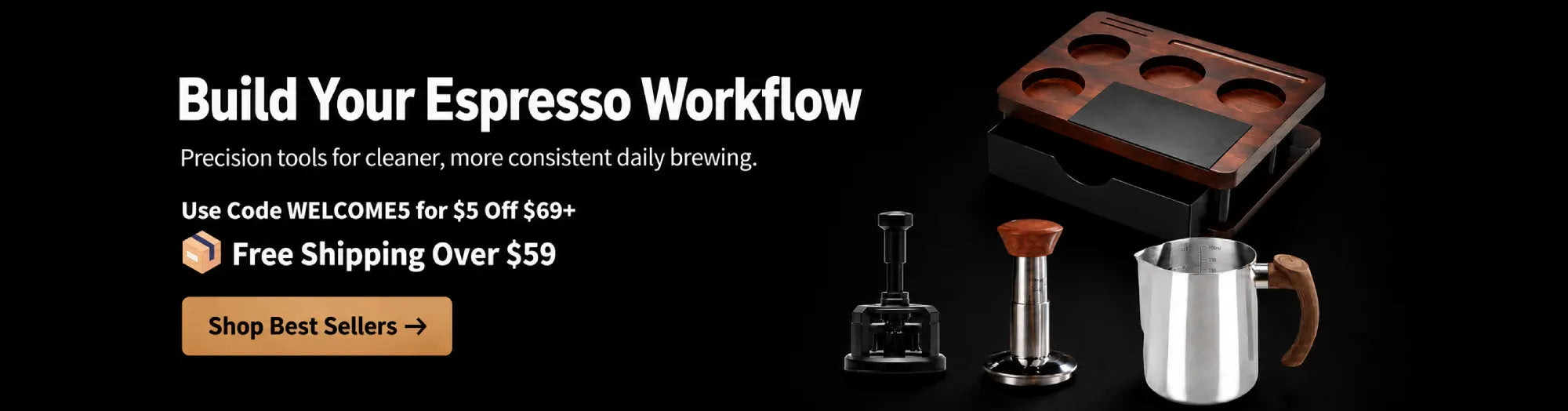 Culturbo espresso workflow tools with tamper, milk pitcher, and coffee station, featuring free shipping over $59 and WELCOME5 offer