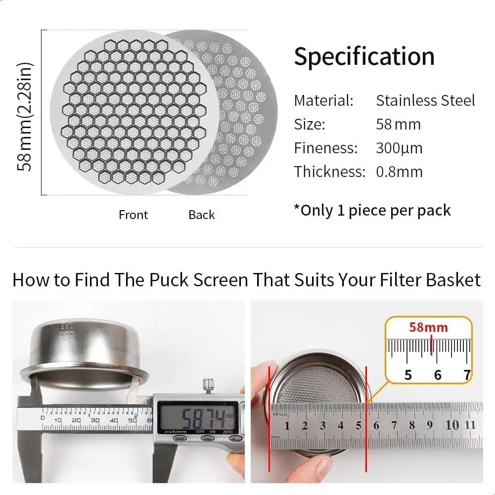 Reusable espresso puck screens available in 51mm, 53mm and 58mm sizes