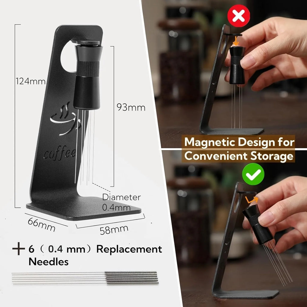Adjustable WDT espresso tool with 0.4mm needles and storage stand