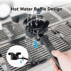 Front view showing hot water backflushing while the integrated anti-scald splash guard handle protects the barista from boiling water.