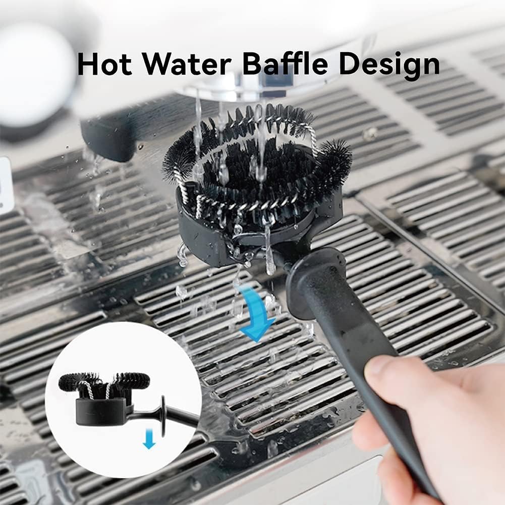 Front view showing hot water backflushing while the integrated anti-scald splash guard handle protects the barista from boiling water.