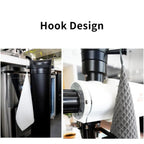 Barista microfiber cleaning cloth hanging on espresso grinder hook