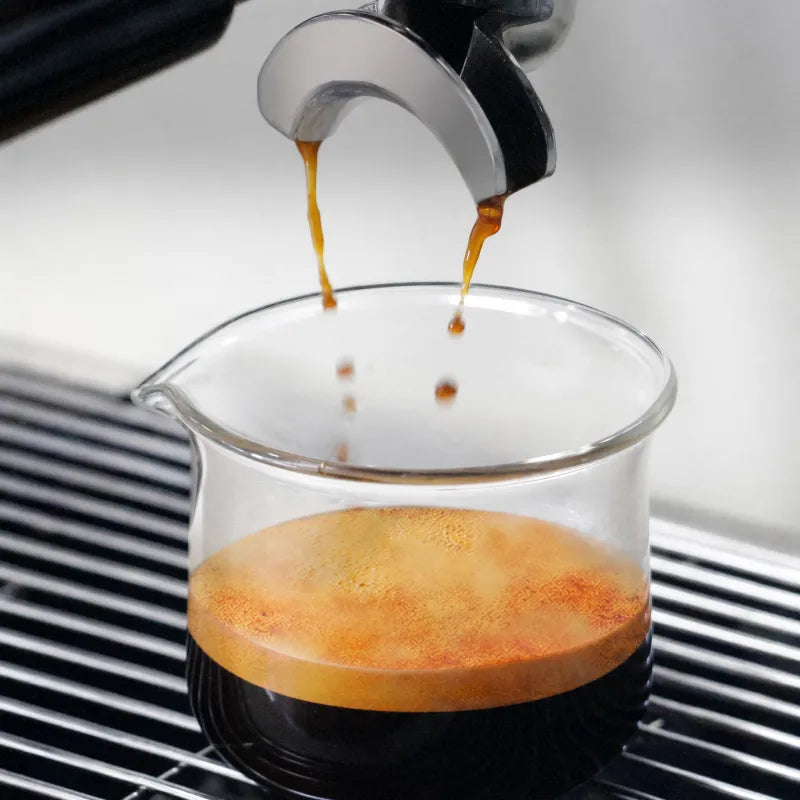 Espresso dripping from bottomless portafilter directly into Culturbo single spout shot glass.