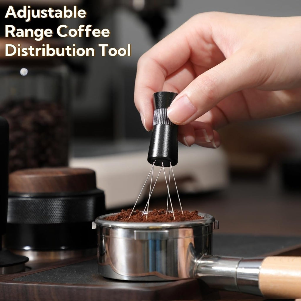 Barista using WDT tool to break up coffee clumps before tamping