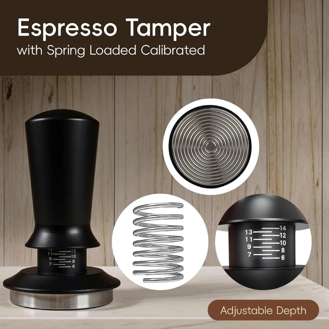 Calibrated espresso tamper included in 7-in-1 puck prep kit
