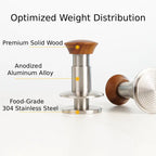 Exploded view of calibrated tamper with wood handle aluminum body and 304 stainless steel base