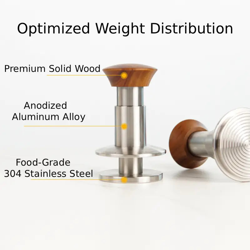 Exploded view of calibrated tamper with wood handle aluminum body and 304 stainless steel base