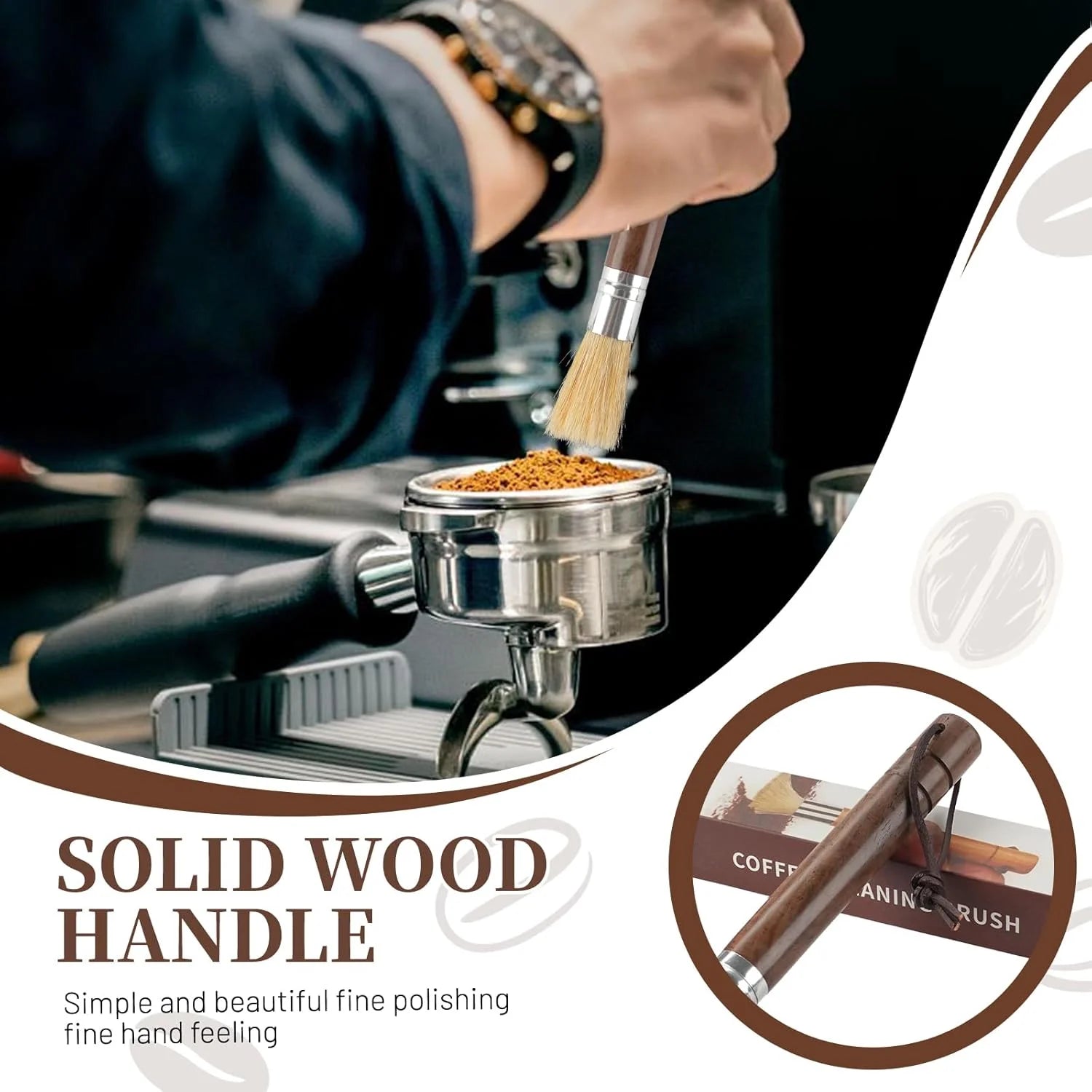 Barista using solid wood handle brush to clean coffee grounds from a 58mm portafilter.