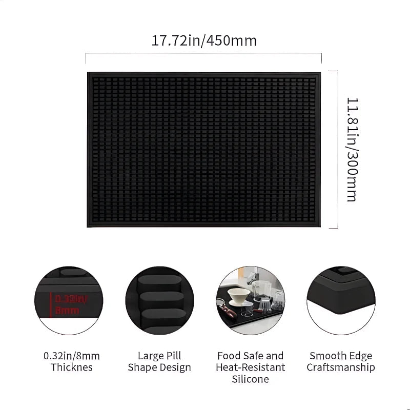 Silicone bar mat features including large pill shape design, 8mm thickness, and smooth edge.