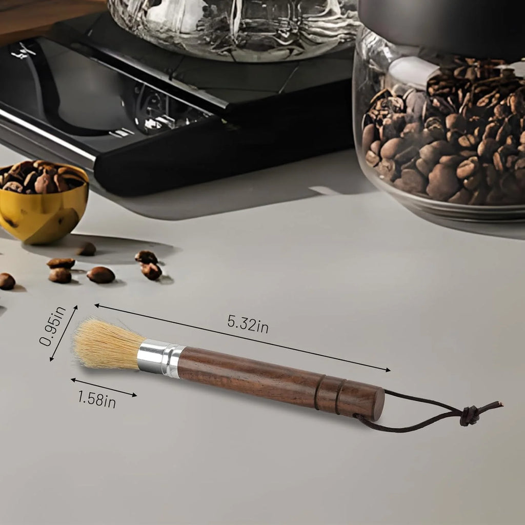 Coffee grinder cleaning brush dimensions 5.32 inches long with ergonomic wood handle.