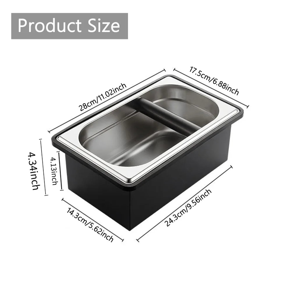 Upgraded commercial large size 1400g heavy-duty stainless steel coffee knock box container sitting on a studio gray background.