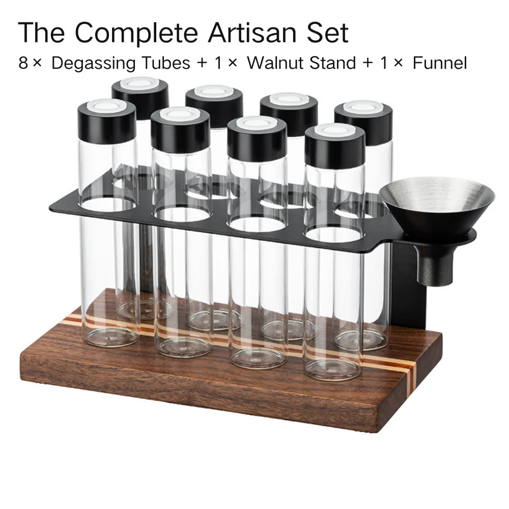 Complete product package set displaying 8 tubes, 1 wood stand, and 1 steel funnel.