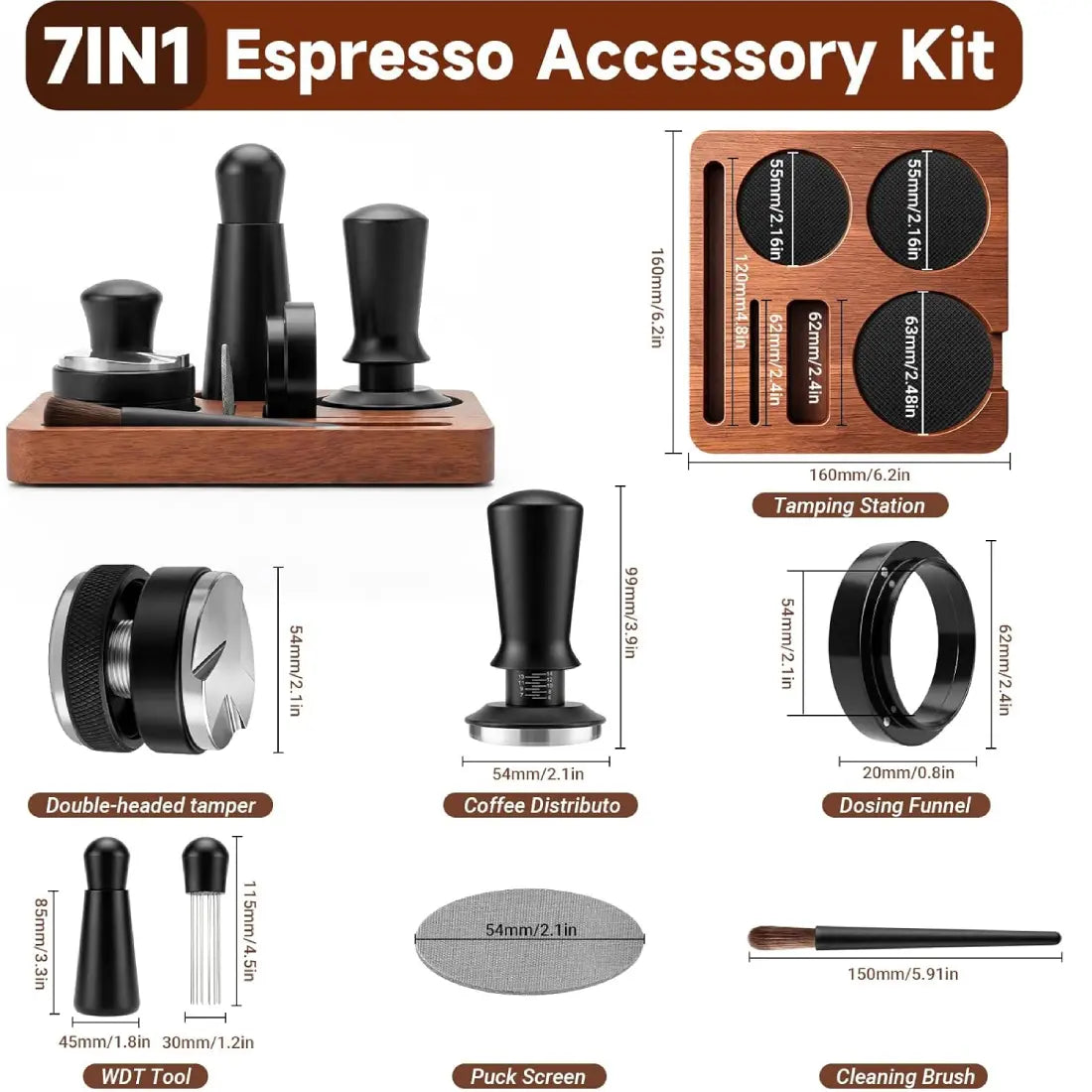 Complete 7 piece espresso accessory kit including tamper, distributor, funnel, WDT, screen and brush.