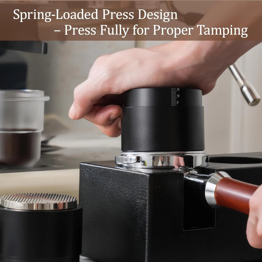 Spring loaded press design for consistent and proper espresso tamping.