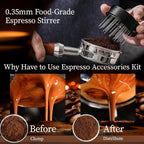Barista using 0.35mm food grade espresso stirrer WDT tool to break coffee clumps.
