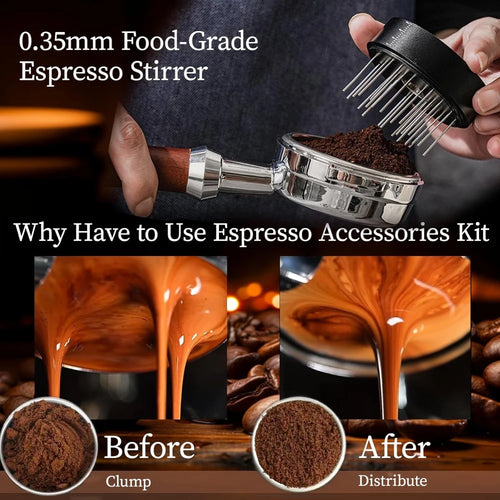 Barista using 0.35mm food grade espresso stirrer WDT tool to break coffee clumps.