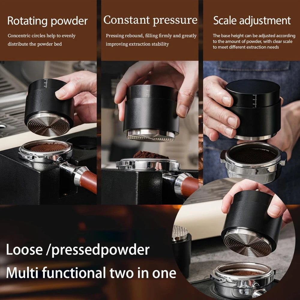 Multi functional 2-in-1 espresso rotating powder distributor and constant pressure tamper.