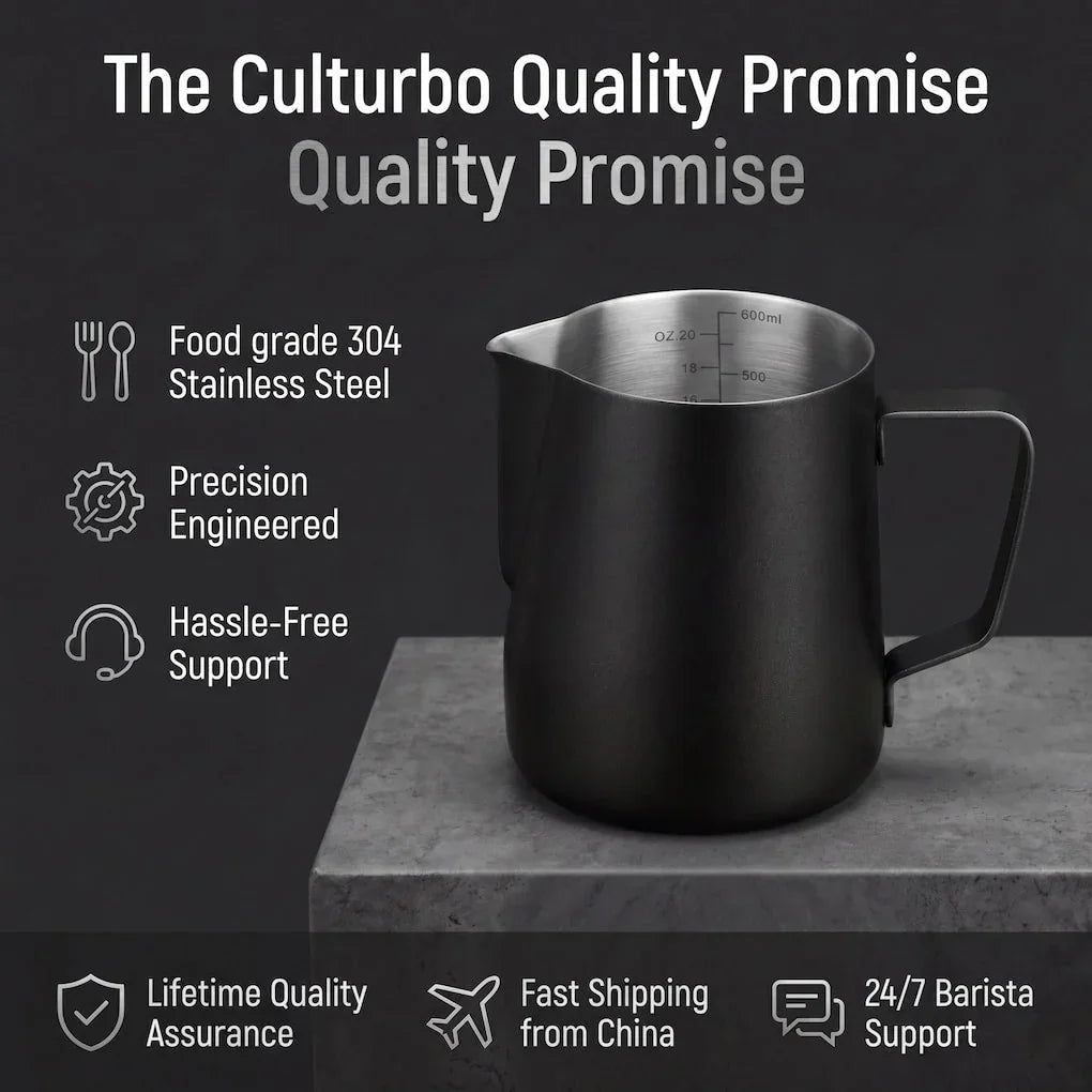Culturbo 304 stainless steel milk pitcher for daily home barista use