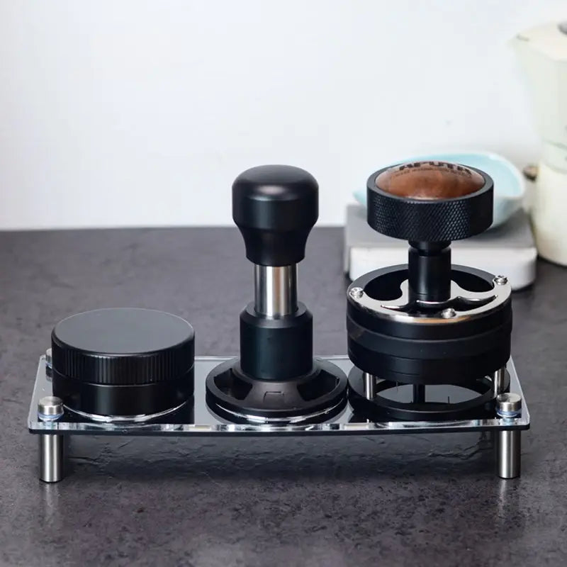 Single-tier acrylic espresso tool organizer holding puck prep tools on a home coffee bar