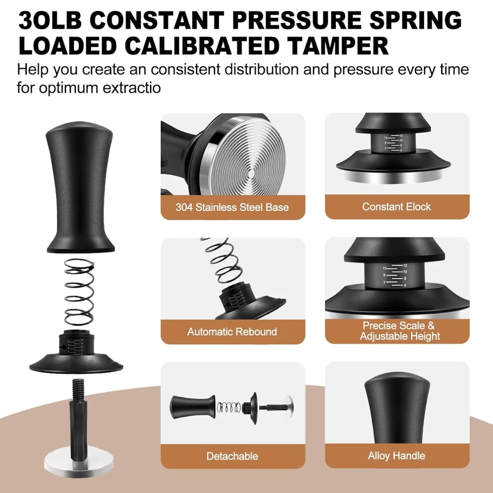58mm 30lb constant pressure spring loaded calibrated espresso tamper diagram.