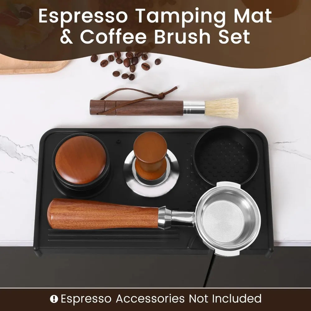 Silicone espresso mat functioning as a coffee bar organizer for tamper and distributor.