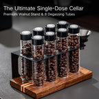 Culturbo professional single dose coffee bean cellar with walnut stand and 8 glass storage tubes.