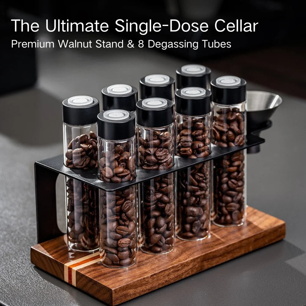 Culturbo professional single dose coffee bean cellar with walnut stand and 8 glass storage tubes.