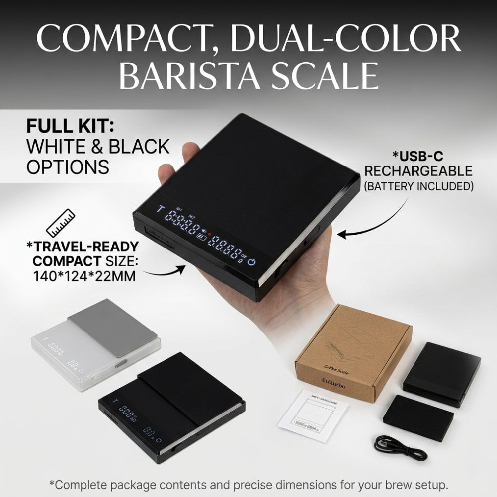 Culturbo coffee scale package with charging cable and accessories