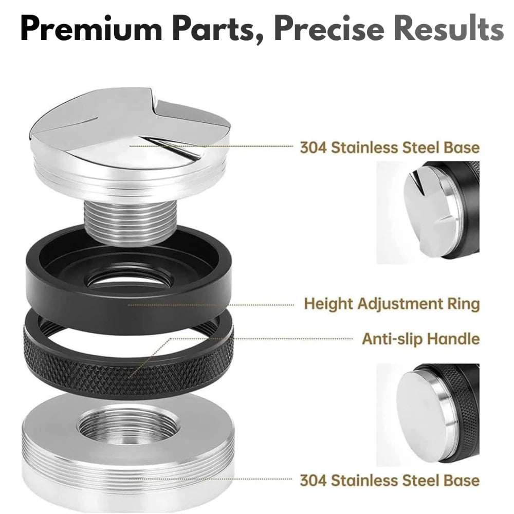 Exploded view of premium 304 stainless steel espresso tamper and height adjustment ring.