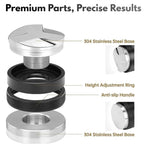 Exploded view of premium 304 stainless steel espresso tamper and height adjustment ring.