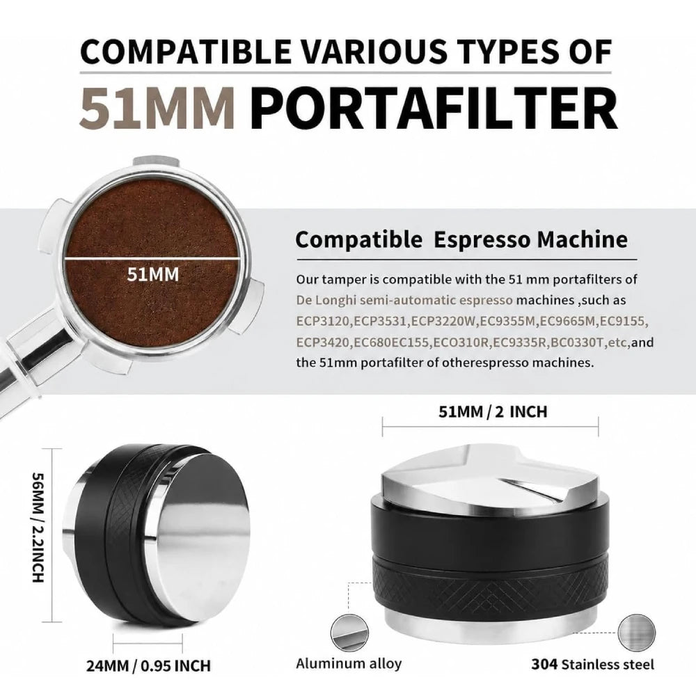51mm espresso tamper dimensions compatible with DeLonghi semi automatic machines.