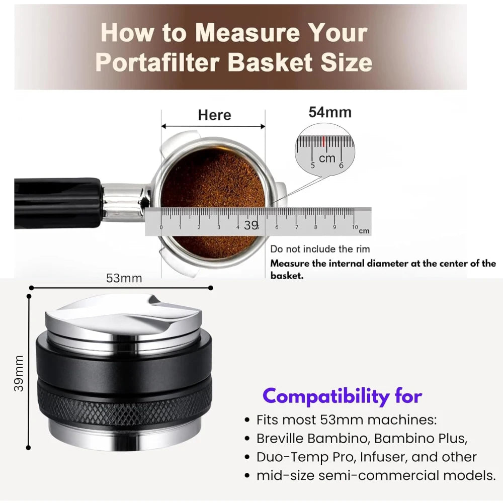 How to measure portafilter size 53mm tamper compatible with 54mm Breville machines.