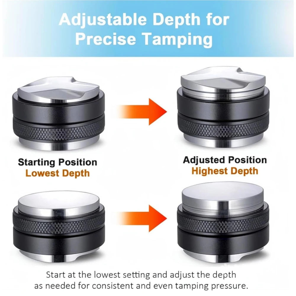 Adjustable depth mechanism on espresso tamper for precise and consistent tamping pressure.