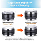Adjustable depth mechanism on espresso tamper for precise and consistent tamping pressure.